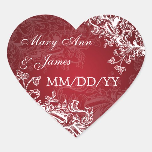 エレガントな結婚式の日付ヴィンテージ渦巻き赤 ハートシール (正面)