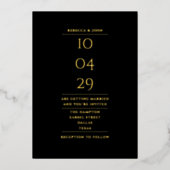 エレガントな結婚式の日付 フォト ブラック＆ゴールド 箔招待状 (正面)