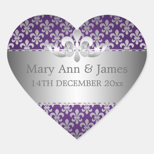 エレガントな結婚式の日付（紋章の）フラ・ダ・リ紫 ハートシール (正面)