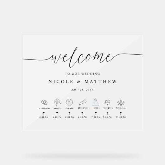 エレガントな結婚式の歓迎とタイムライン曇り アクリルサイン (正面)