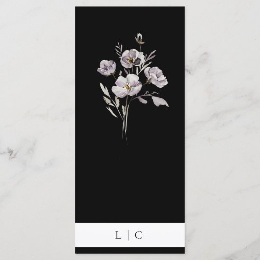 エレガントな結婚式の水の色の花のブラックディナー メニュー (裏面)