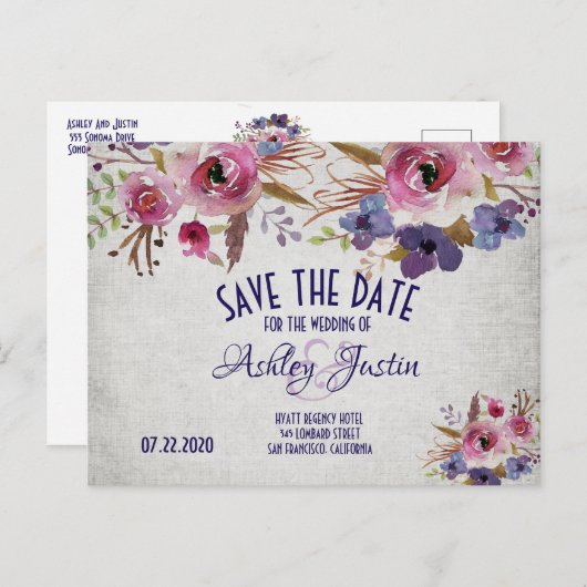 エレガントな結婚式の水の色の花の日付を保存 案内ポストカード (正面/裏面)