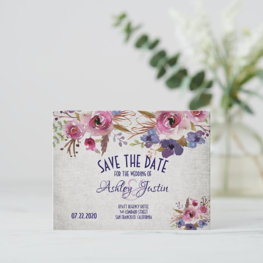 エレガントな結婚式の水の色の花の日付を保存 案内ポストカード (スタンド正面)