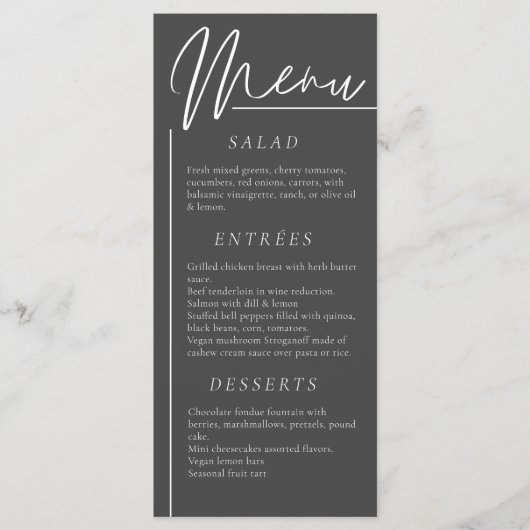 エレガントな結婚式の水の色の花ダークグレーのディナー メニュー (正面)