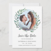 エレガントな結婚式の田舎風グリーンリース写真 セーブザデート (正面)