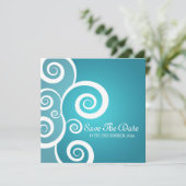 エレガントな結婚式の白が渦巻き青 招待状 (スタンド正面)