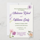 エレガントな結婚式の紫色のピンクの花、緑葉の花 招待状 (正面)