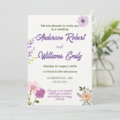 エレガントな結婚式の紫色のピンクの花、緑葉の花 招待状 (スタンド正面)