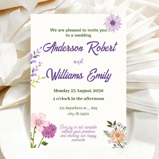 エレガントな結婚式の紫色のピンクの花、緑葉の花 招待状