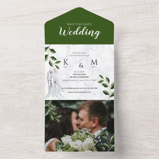 エレガントな結婚式の緑の葉の写真、日付を保存 オールインワン招待状 (内側)