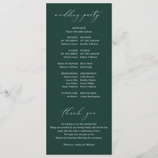 エレガントな結婚式の緑の葉の白いフローラProg プログラム (裏面)