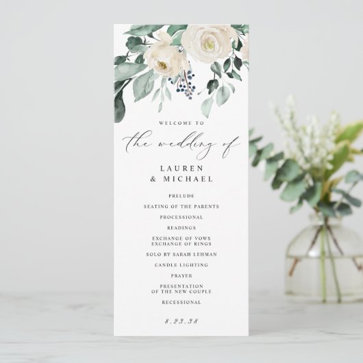 エレガントな結婚式の緑の葉の白いフローラProg プログラム (スタンド正面)