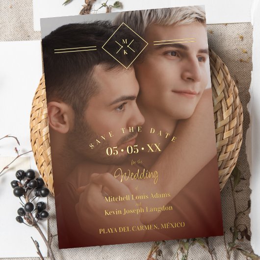 エレガントな結婚式の茶色と金のイニシャル写真 箔招待状