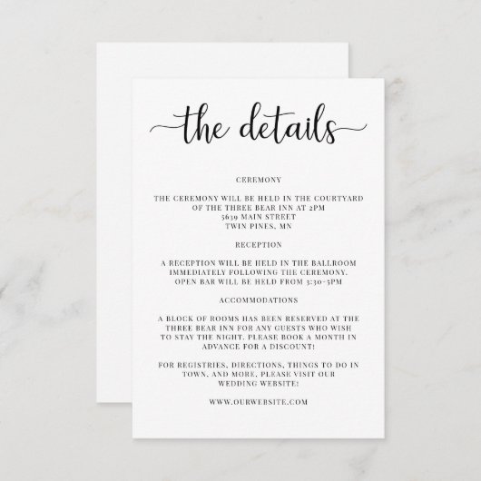 エレガントな結婚式の詳細案内カード エンクロージャーカード (正面/裏面)