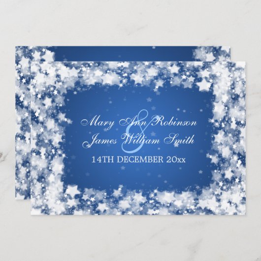 エレガントな結婚式の輝くスターズブルー 招待状 (正面/裏面)