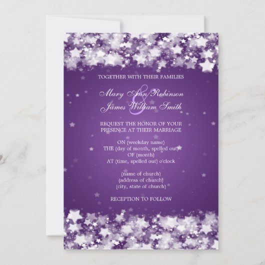 エレガントな結婚式の輝く星の紫 招待状 (裏面)