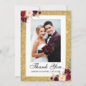 エレガントな結婚式の金ゴールドのグリッターのバーガンディの花柄の写真 サンキューカード (正面)