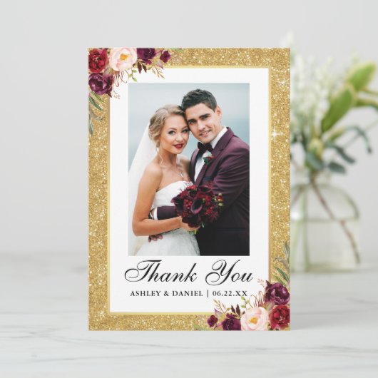 エレガントな結婚式の金ゴールドのグリッターのバーガンディの花柄の写真 サンキューカード (スタンド正面)