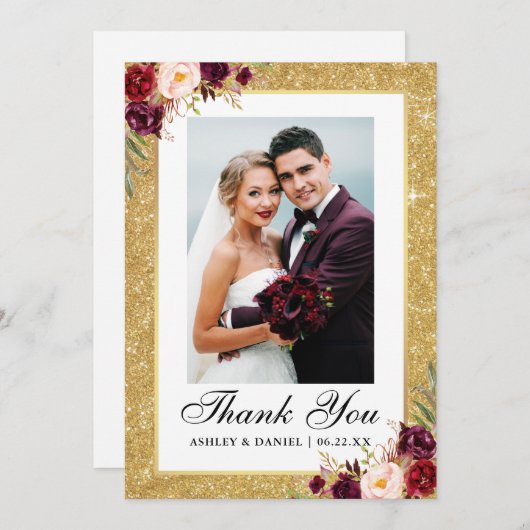 エレガントな結婚式の金ゴールドのグリッターのバーガンディの花柄の写真 サンキューカード (正面/裏面)