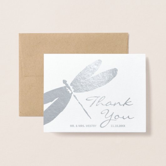 エレガントな結婚式の銀のトンボのサンキューカード 箔カード (封筒付き正面)