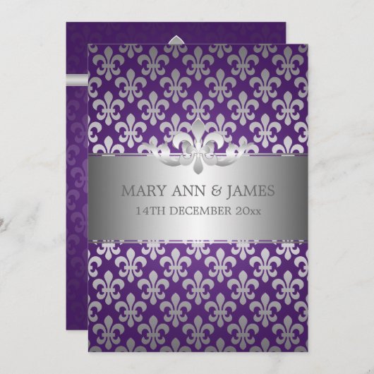エレガントな結婚式の（紋章の）フラ・ダ・リの紫色 招待状 (正面/裏面)
