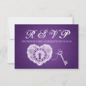 エレガントな結婚式のRSVP鍵とマイハートパープル 出欠カード (正面)