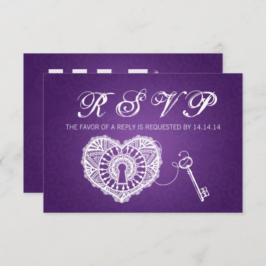 エレガントな結婚式のRSVP鍵とマイハートパープル 出欠カード (正面/裏面)