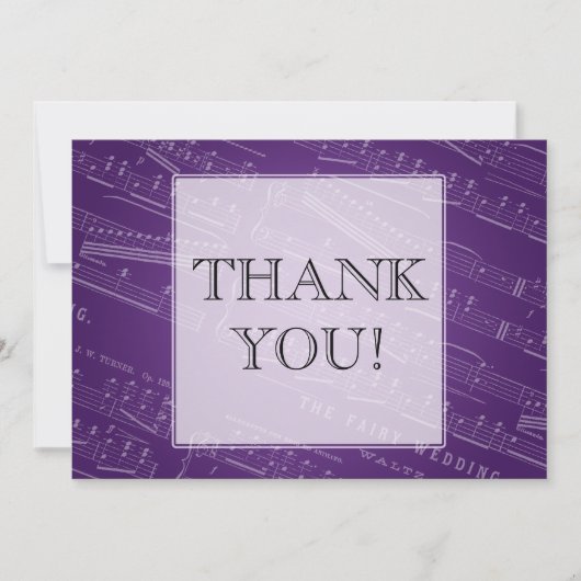 エレガントな結婚式は楽譜の紫色感謝していしています サンキューカード (正面)