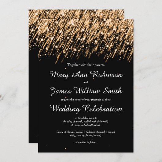 エレガントな結婚式セーブザデートスターズ金ゴールド 招待状 (正面/裏面)