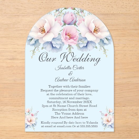 エレガントな結婚式フローラブルーピンクの花 アクリル招待状 (正面)