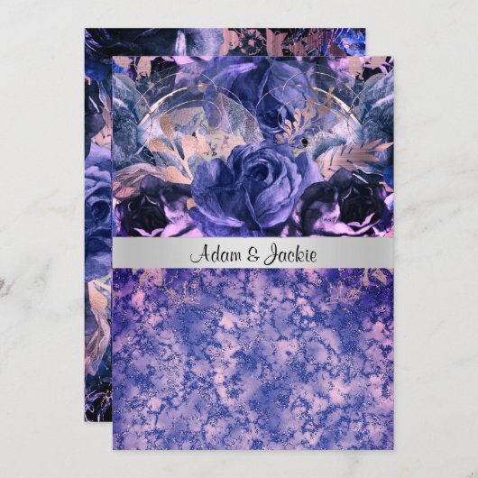 エレガントな結婚式フローラブルーピンクマーブル 招待状 (正面/裏面)