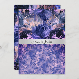 エレガントな結婚式フローラブルーピンクマーブル 招待状