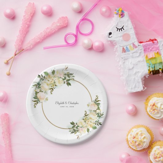 エレガントな結婚式フローラ水色金ゴールドホワイトパーティー ペーパープレート (パーティー)