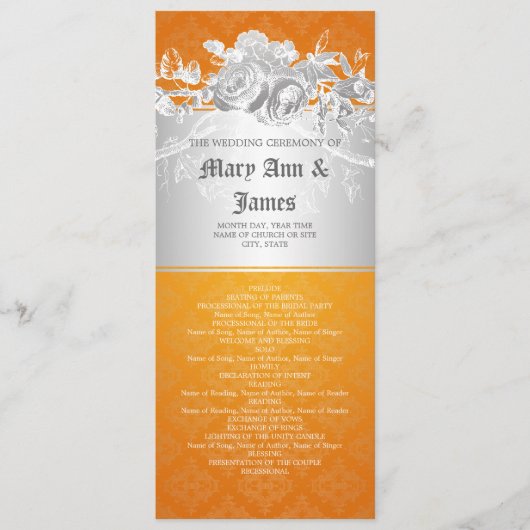エレガントな結婚式プログラムのバロック式の華麗さのオレンジ プログラム (正面)