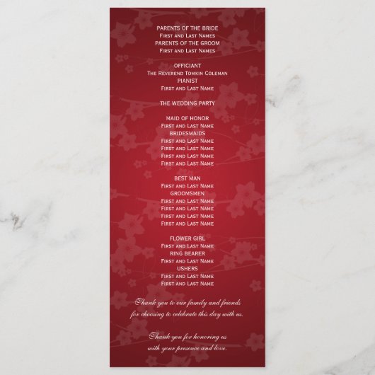 エレガントな結婚式プログラムの桜の赤 プログラム (裏面)