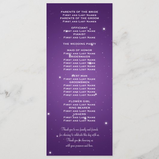 エレガントな結婚式プログラム夜は紫色を眩まします プログラム (裏面)