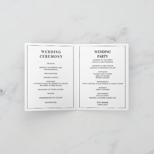 エレガントな結婚式プログラム折り畳まれたミニマル結婚リスト カード (内部)