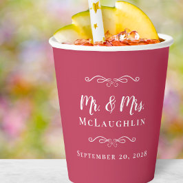 エレガントな結婚式ミスター&ミセス・カップル・マゼンタレッドパーティー 紙コップ