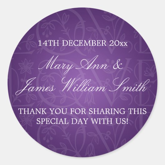 エレガントな結婚式メッセージカードラブフローズンパープル ラウンドシール (正面)