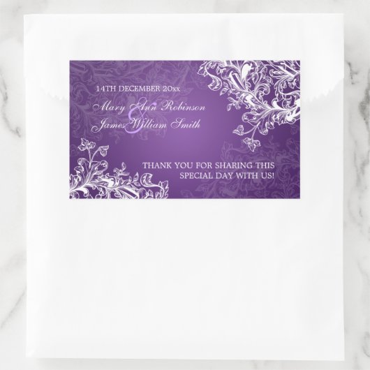 エレガントな結婚式メッセージカードヴィンテージ渦巻き紫 長方形シール (バッグ)