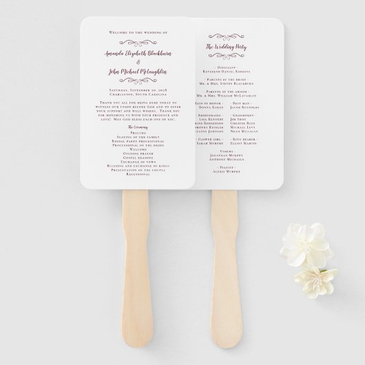 エレガントな結婚式モダンプログラムBurgundy ハンドファン (正面&裏面)