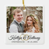 エレガントな結婚式リングや輪2写真記念白 セラミックオーナメント (正面)