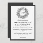 エレガントな結婚式ヴィンテージフローラモノグラムブラック 招待状 (正面/裏面)