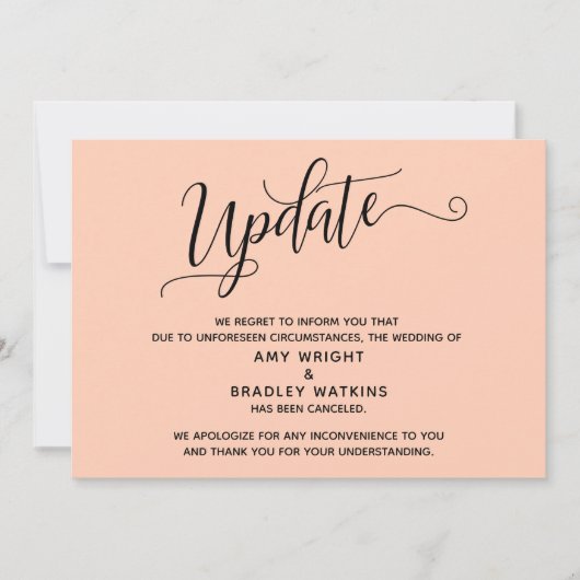 エレガントな結婚式中止 ライトサーモン色のお知らせ 招待状 (正面)