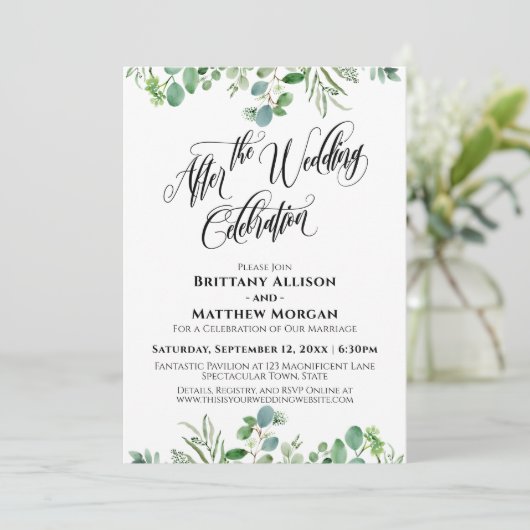 エレガントな結婚式後のお祝い ユーカリ 招待状 (スタンド正面)