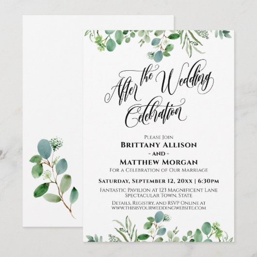 エレガントな結婚式後の祝賀会のユーカリ 招待状 (正面/裏面)