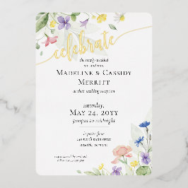 エレガントな結婚式披露宴水の色ワイルドフラワー 箔招待状