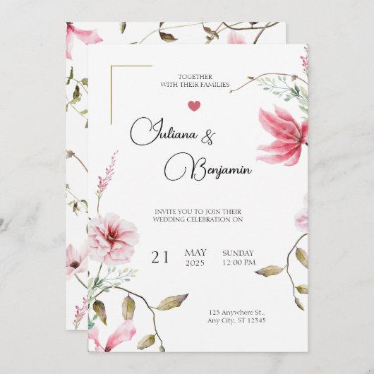 エレガントな結婚式招待状とロマンチックなフローラAc 招待状 (正面/裏面)
