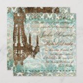 エレガントな結婚式招待状のシャンデリアのヴィンテージのティール（緑がかった色） 招待状 (正面/裏面)