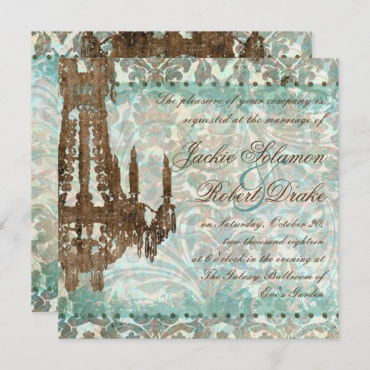 エレガントな結婚式招待状のシャンデリアのヴィンテージのティール（緑がかった色） 招待状 (正面/裏面)